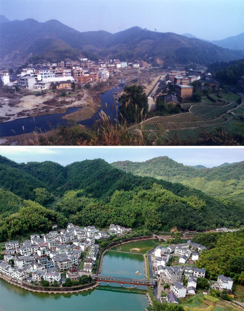 圖為浙江省杭州市淳安縣楓樹嶺鎮(zhèn)下姜村拼版圖，其中上圖為資料照片、下圖由新華社記者張鋮攝。